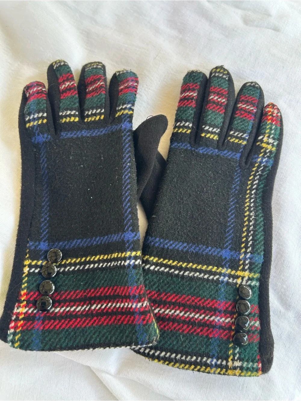 Plaid Wool Blend Men's Gloves with Button Detail - Black/Green/Red